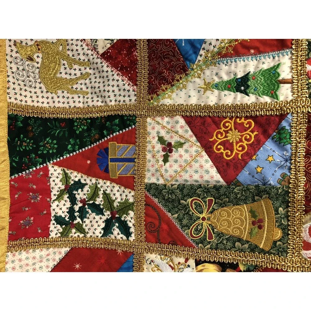 Christmas Table Runner Snowman Handmade Embroidered Double Sided Multi Color
